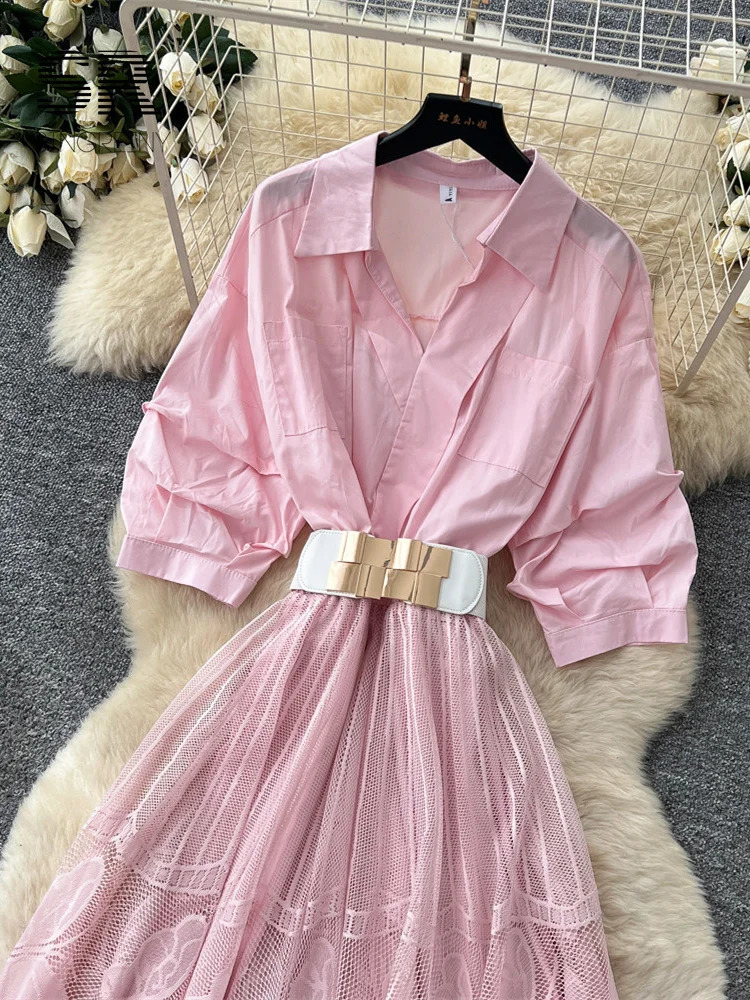 SINGREINY Women Vintage Lace Dress est 2026 Slim French Hollow Out Sashes Patchwork Senior Office Lady Aline Maxi Shirtdress 260625 - view 6