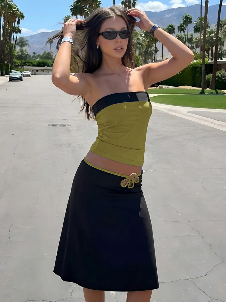 Weird Puss Sexy Vacation 2 Piece Set Women Trend Color Blocking Sleeveless Tank TopMetal Ring Hollow Skirt Fashion Party Suits 260625