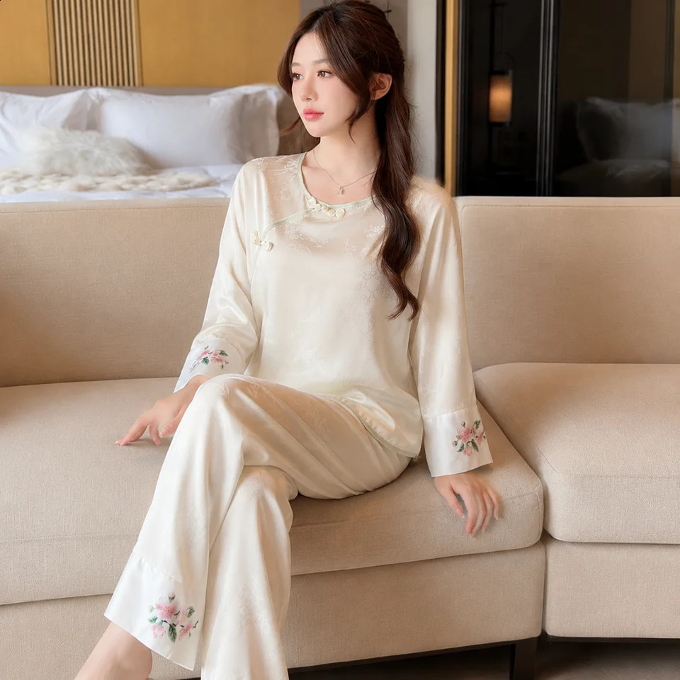 Womens Chinese Style Ice Silk Pajama Set Spring Autumn Satin Loungewear with Builtin Chest Pads Elegant Home Sleepwear 260625 - view 6