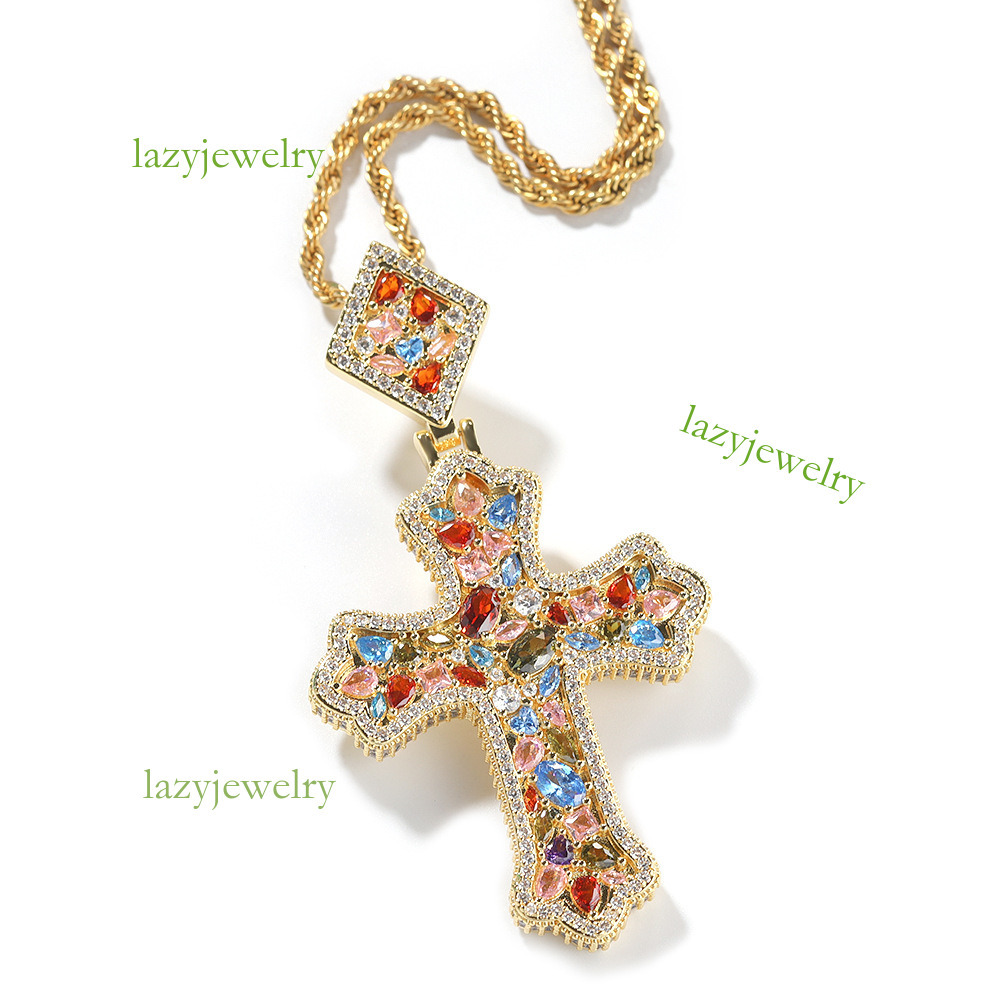Retro color moisancite cross pendant hip hop style full diamond design diamond button all fashion men and women with the same fashion accessories - view 7