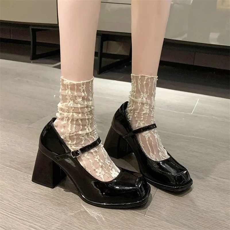 Ladies Summer Black Small Leather Shoes Mary Janes Vintage Buckle Non-Slip Sandals Woman Medium Heels Casual Elegant Heels 260625
