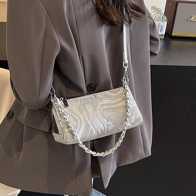 Designer Bag Vintage Marble Swirl Print Underarm Baguette Bag Ladies Trendy Shiny PU Leather Dual Strap Crossbody Handbag Fashion Evening Party Should - view 9