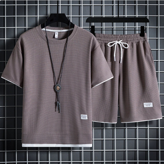 Summer New Waffle Pattern Suit, Korean Style Loose Fit, Men's Youth Solid Color Simple Short-Sleeve Shorts - view 5