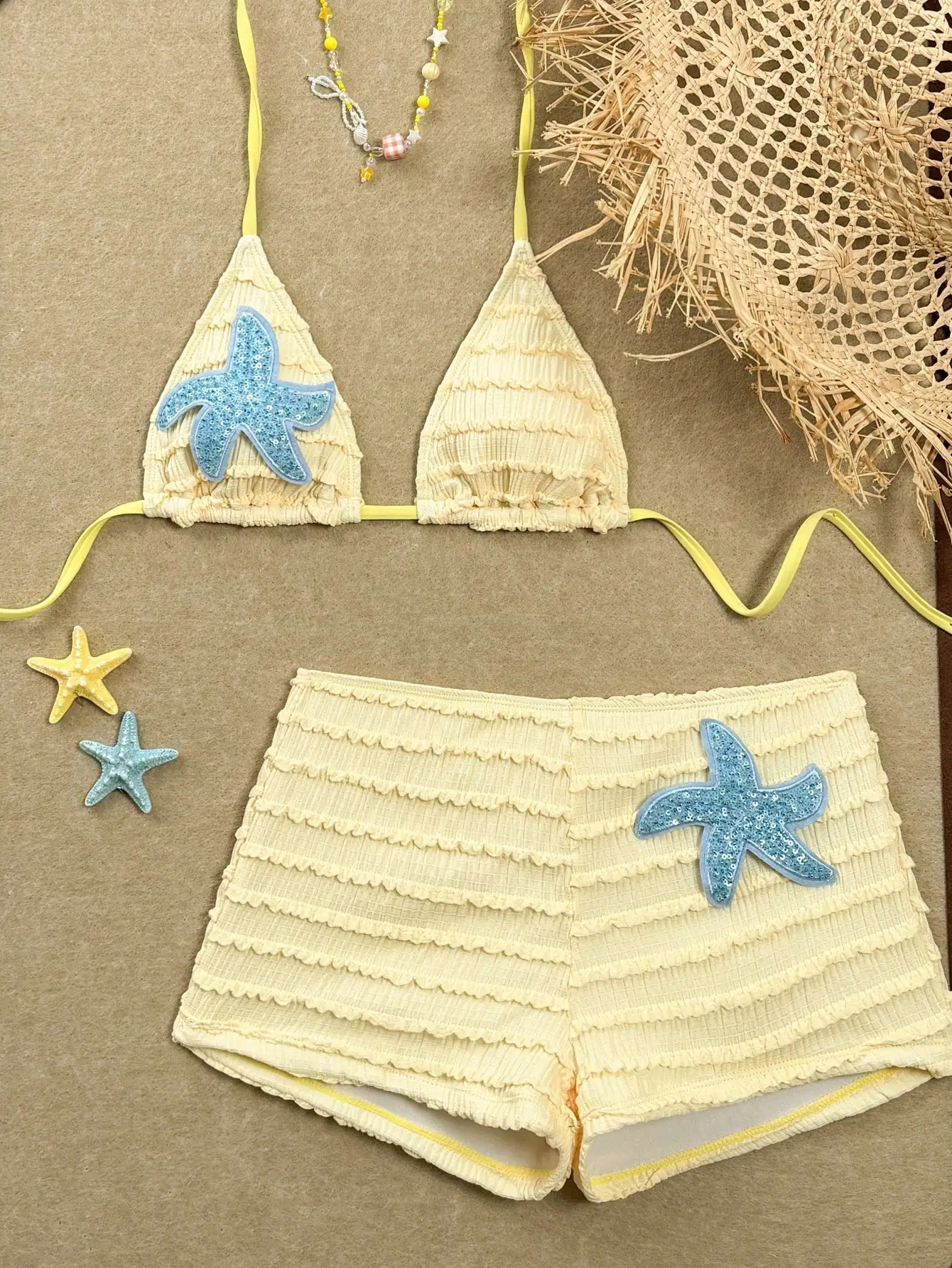 Yellow Ruched Bikini Set With Sequin Starfish Applique Beach Swimwear 260622 - view 6
