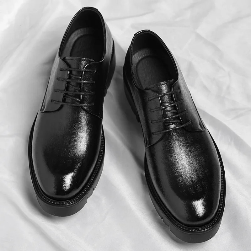 Mens Brogues Leather Elevator Shoes Man Height Increase Insole 8cm10cm Black Formal Business Wedding Work Men Shoes 260626 - view 4
