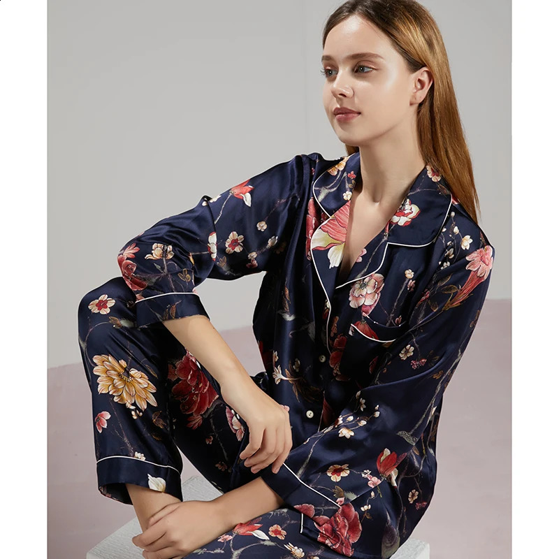 19MM 100 Mulberry Silk Pajama Sleepwear Lady Longsleeved TrousersTwopiece Spring Summer Loose Sexy Home Clothes 260625 - view 7