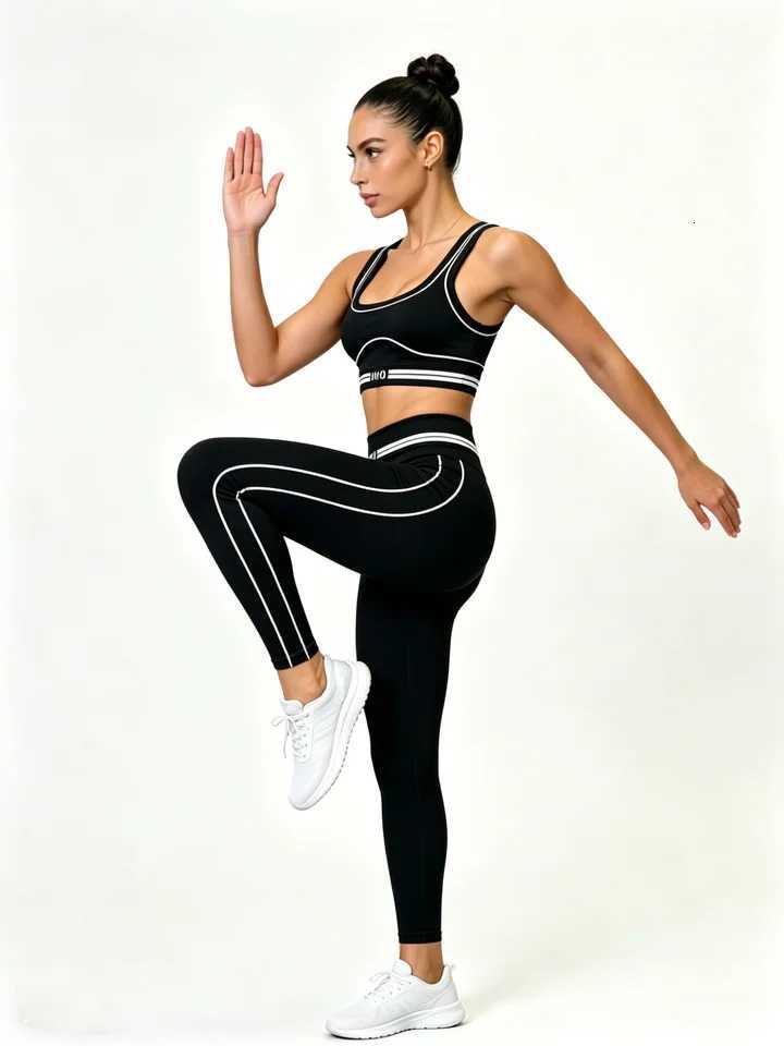 Black Womens Set 2Pcs Gym White Trim Sports Bra High Waist Leggings Fitness Workout Yoga Tracksuit M260626 - view 6