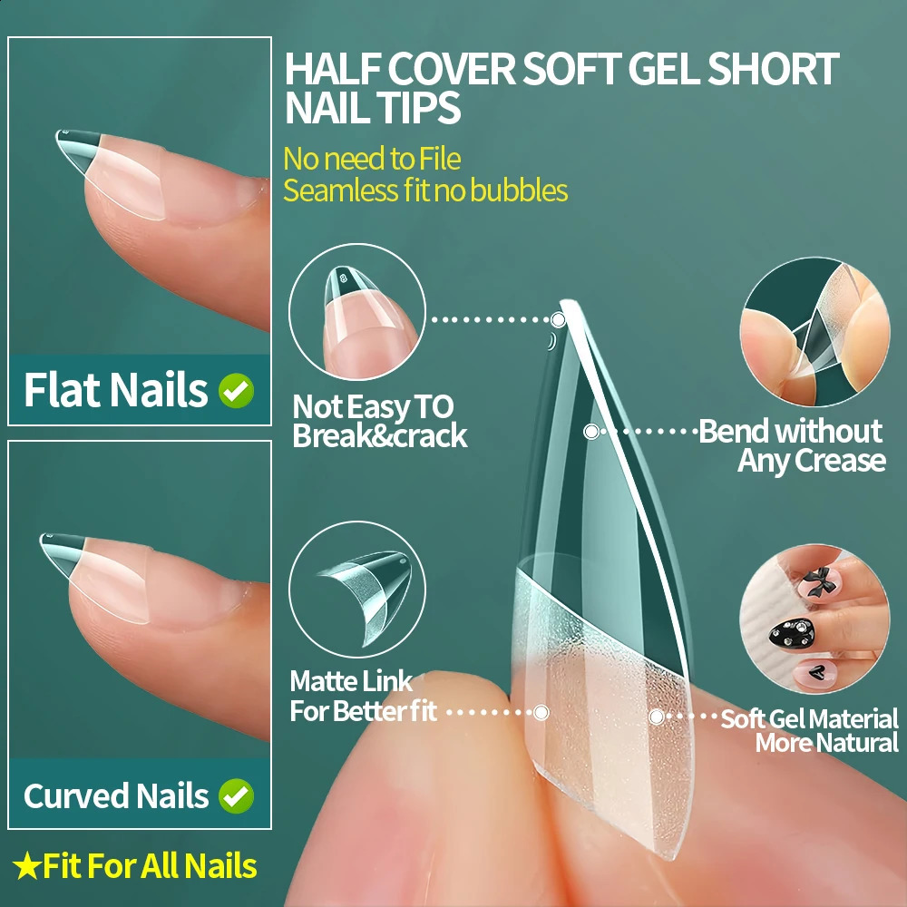 Nailpop Short Nail Tips Half Cover 600PCS Short Square Soft Gel Pre-shaped Clear False Nails with Handles for Nail Salon 260626 - view 3