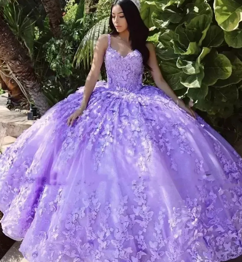 Taro Purple Heavy Beaded Butterfly Flower Tulle Ball Gown Quinceanera Dreamy Princess Dress - view 5