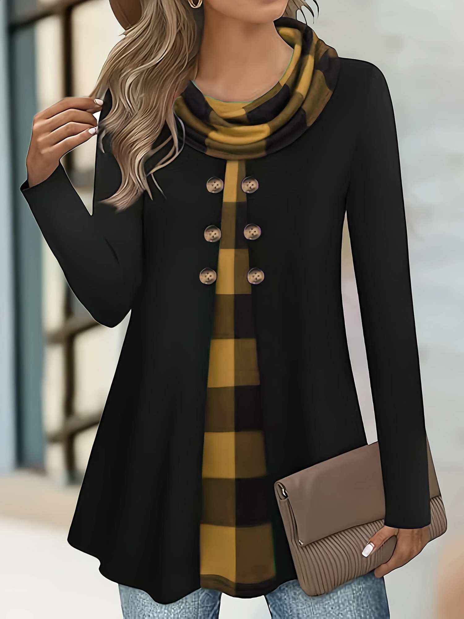 European and American fashion plaid print fake two-piece pleated scarf wild button plus size womens thin long-sleeved T-shirt 260626 - view 6