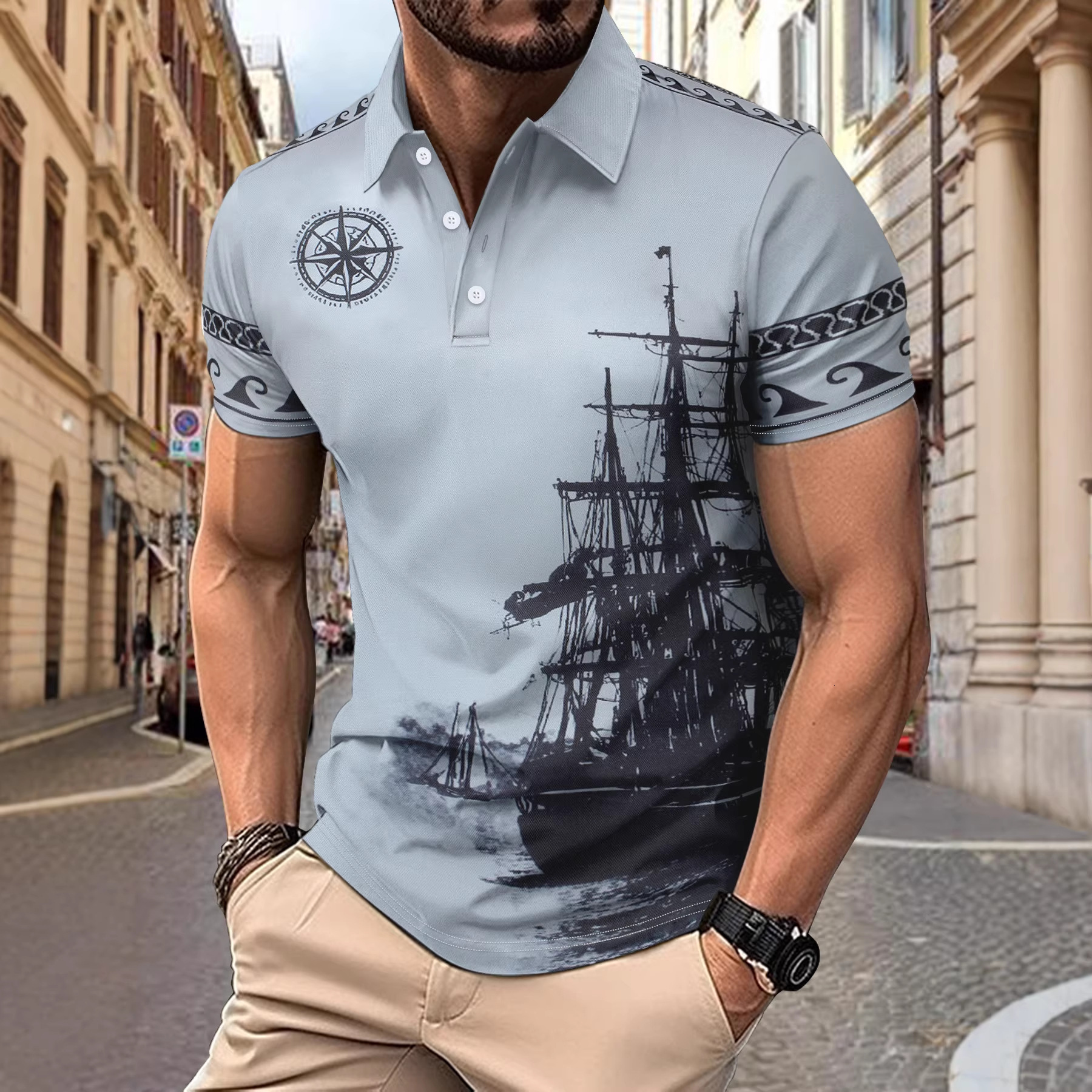 American Summer New Style Sailing Pattern Printed Turn-Down Collar Men's Casual Short-Sleeve POLO Shirt T-Shirt
