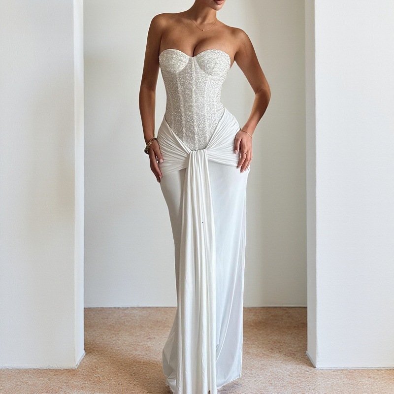 XY25325PFO Hot-Selling Evening Dress Long Dress New Waist-Cinching Slimming Ribbon Strapless Elegant Dress - view 3