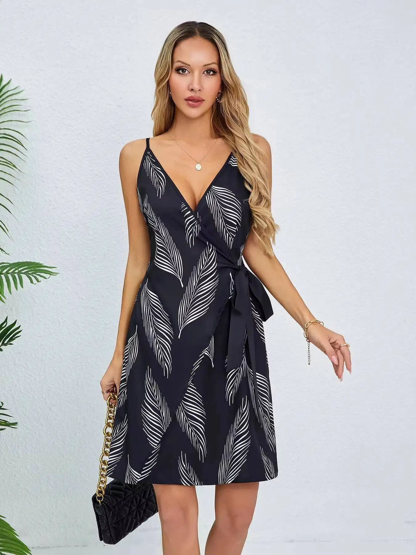 Mini Dress Spring Summer Women Black V Neck Sleeveless Leaf Print Wrap Tie Waist Casual Chic Vacation Beach Party 260625 - view 4