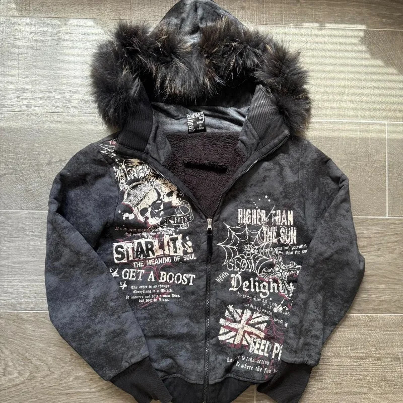 Y2K Harajuku Hip-hop Plus Velvet Padded Oversized Pattern Printed Hooded Sweater Women Gothic Vintage Casual Joker Coat 260626