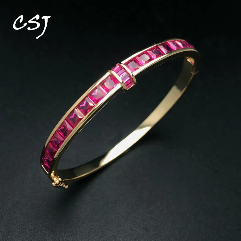 Elegant Ruby Bangle Created Red Corundum Gemstone Bracelet Yellow Gold for Women Lady Party Birthday Trendy Jewelry Gift 260626