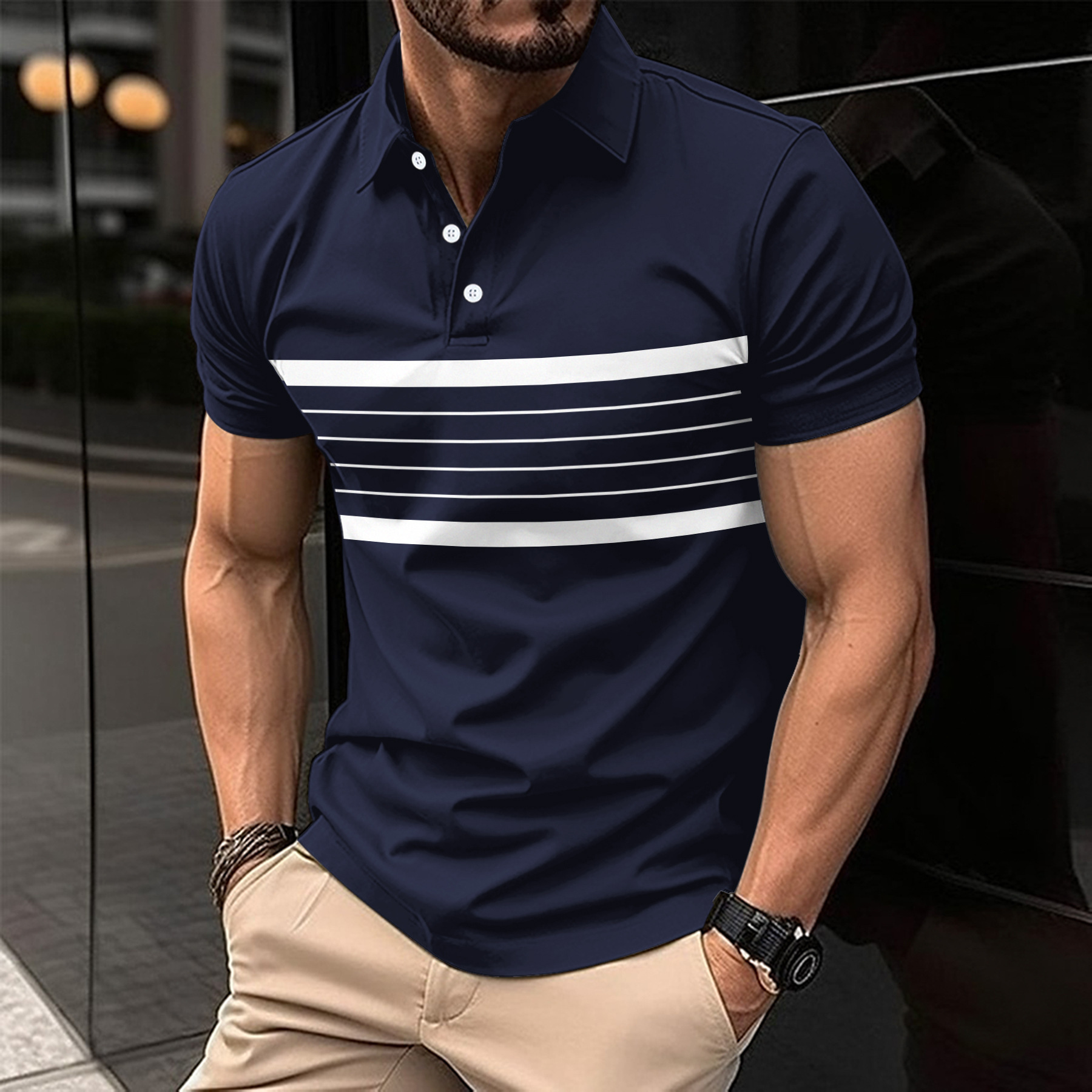 New Men's Casual POLO Shirt, Summer V-Neck Buttoned Striped Versatile T-Shirt - view 3