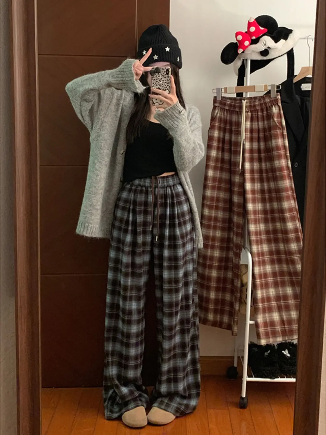 Retro Checked Plus Size Womens Trousers Relaxed Fit Comfortable Y2K Casual Straight Leg Pants SpringAutumn Bottoms 260625