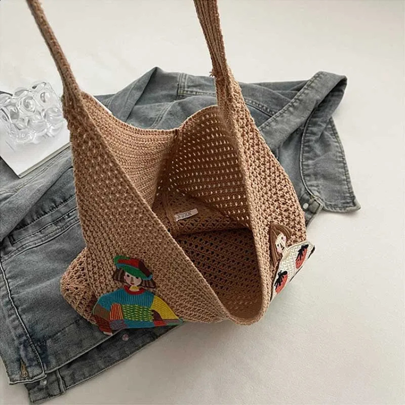 Hollow Mesh Knitted Shoulder Bag Beach Vacation Slouchy Chic Cartoon Tote Bag Lightweight Laid-Back Casual Woven Women Handbag 260626 - view 7