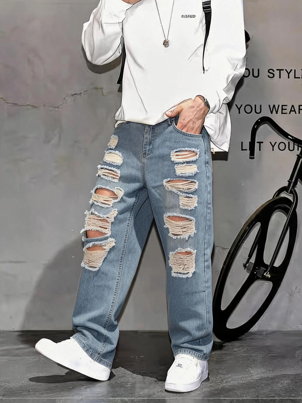Mens Ripped Denim Long Pants Loose Straight Fit AllSeason Versatile Wear Hip Hop Y2K High Street Vintage Trendy Style 260625 - view 4