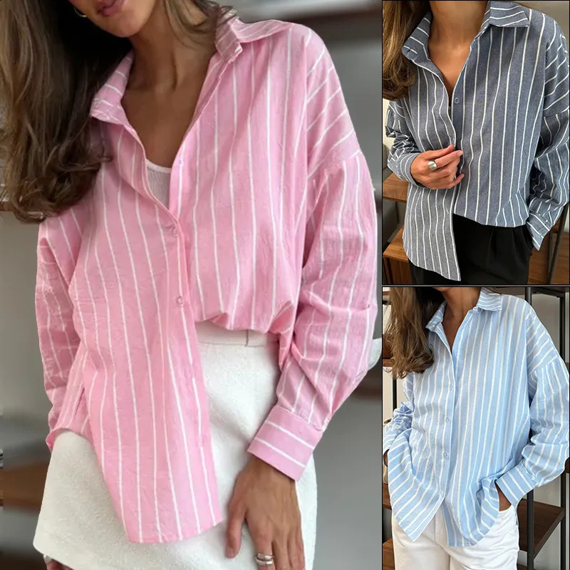 Oversized Striped Shirts Blouses Loose Fit Casual Fashion Turn down Collar Button Top for Spring Summer Woman Clothes 260626