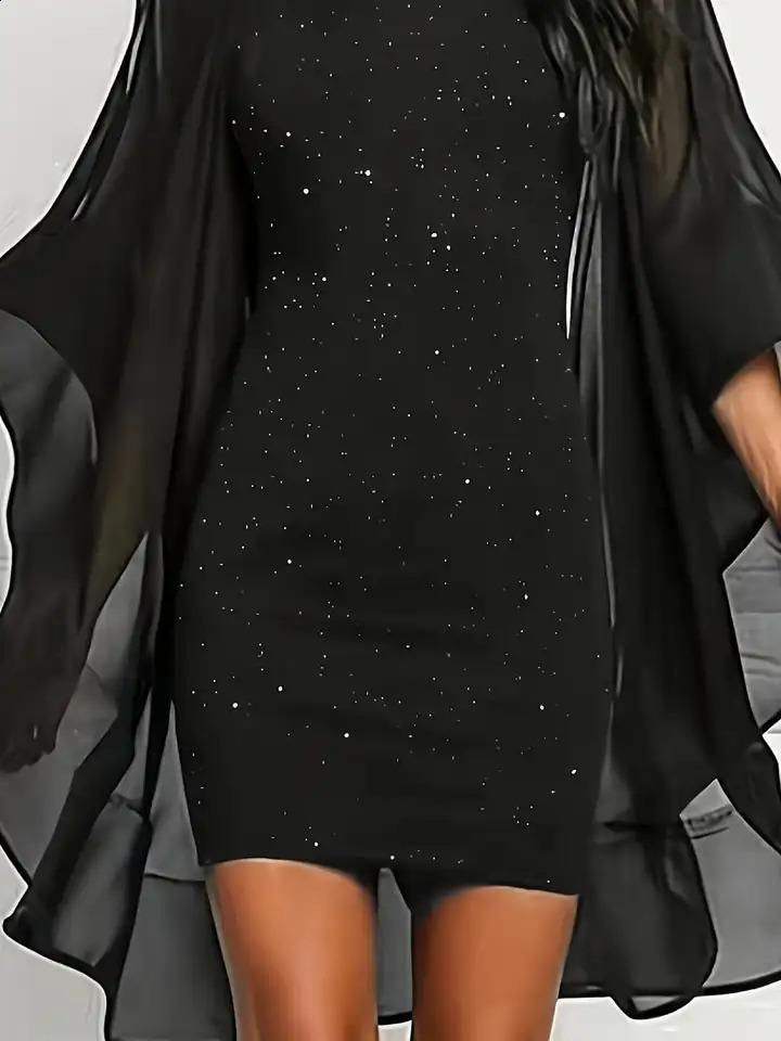 2026 casual and comfortable womens round neck long sleeved hollow out dress short skirt sequin slim fit n 260625 - view 6