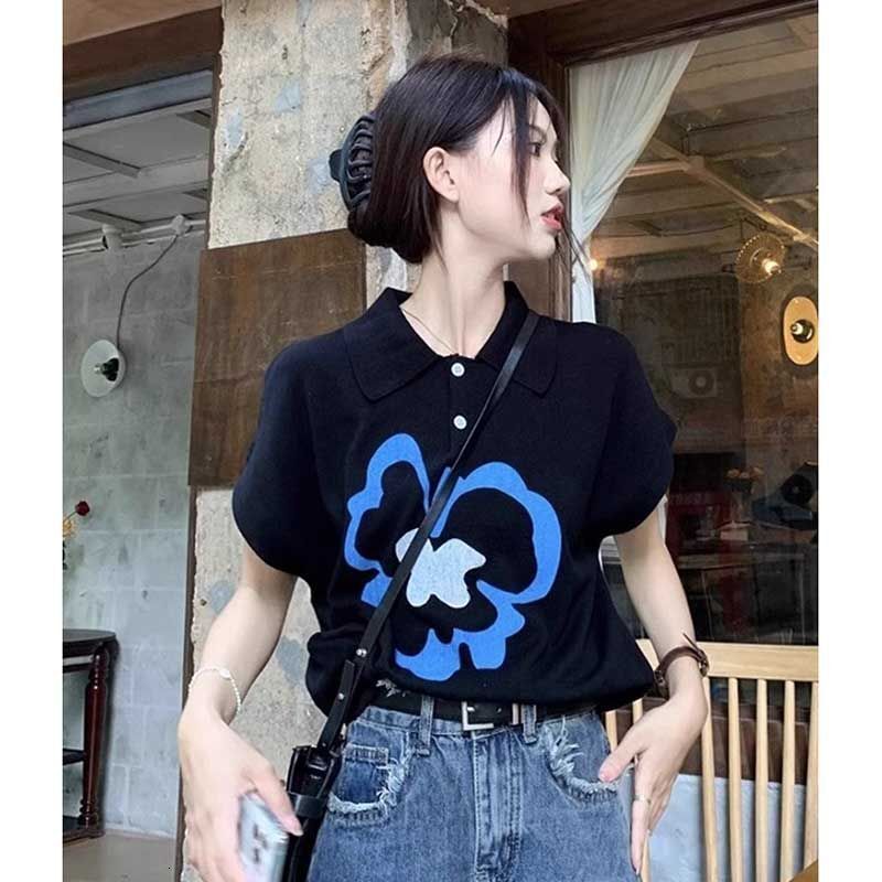Women's Black Polo T-Shirt, Ladies Short-Sleeve Cotton-Blend Top with Flutter Sleeves, Enzyme-Washed Tie-Dye Graphic Print, Button Polo Collar for Cas