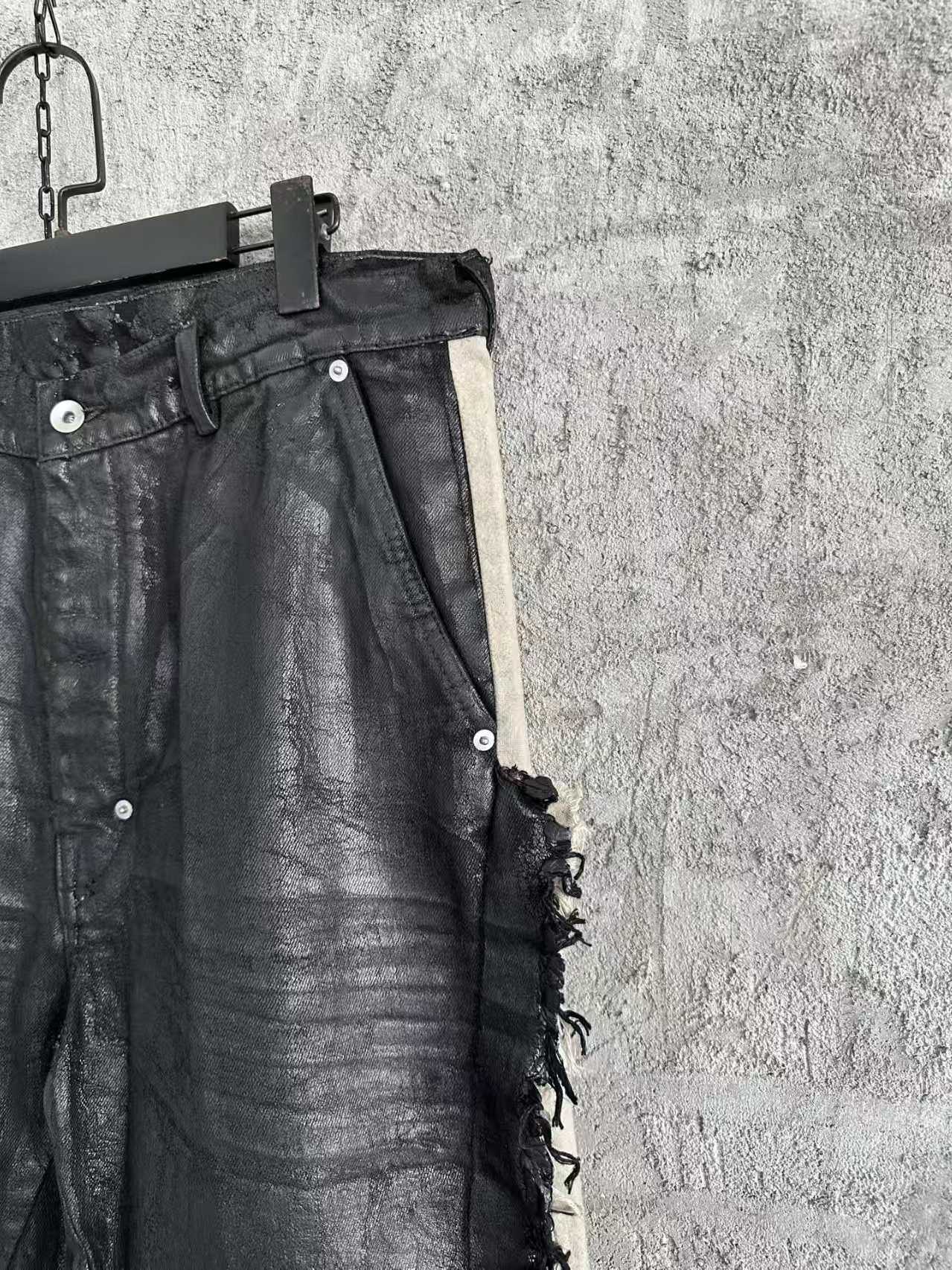 New R waxed surface color-block wide-leg pants pure cotton denim splicing casual pants O color-fast multiple washes personalized pants - view 4