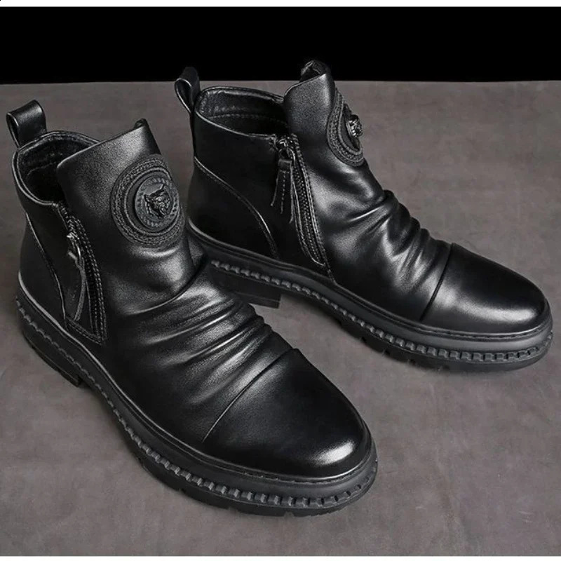Mens Motorcycle Leather Boots British Style Round Head High Top Shoes Side Zip Walking Casual Platform Bota Masculina 260624 - view 5