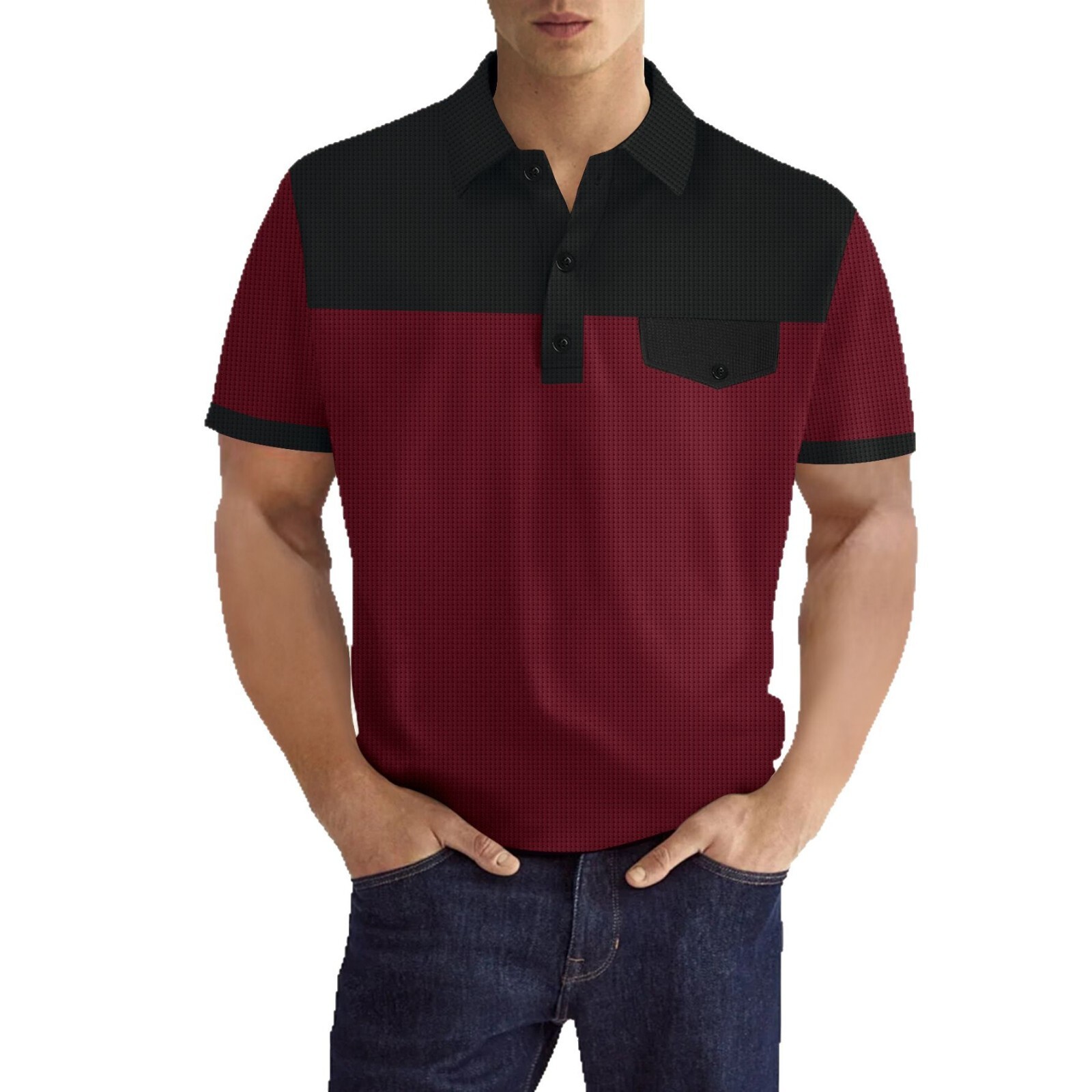 2026 European New Men's Waffle Collar Polo Shirt With Patchwork And Faux Pocket Buttons On The Chest - view 6