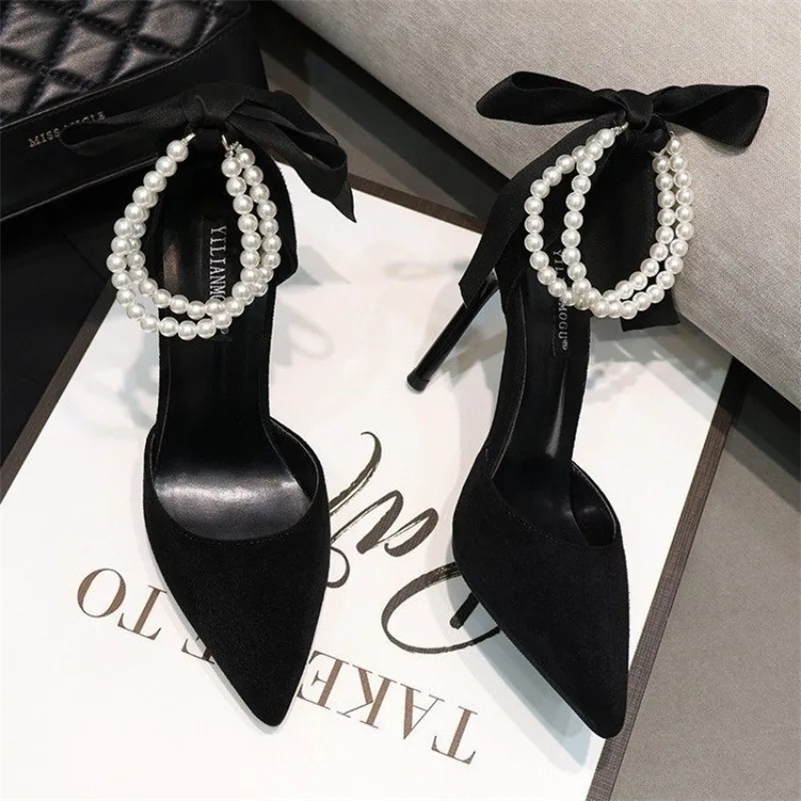 Black Womens Pumps Summer String Bead Pearls Wedding Bridal High Heels Sexy Pointed Toe Party Dance Shoes 260625