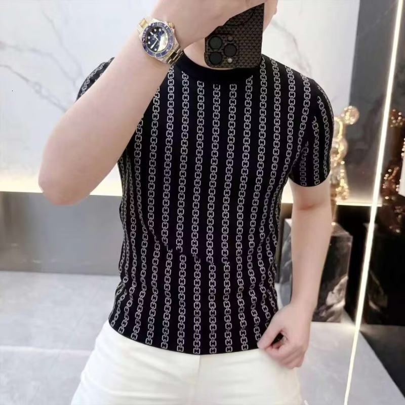 2026 High-End Ice Silk Short Sleeve T-Shirt For Men, Breathable, Cool, Slim Fit, Vertical Stripes, Summer Wear, Unique Style - view 5