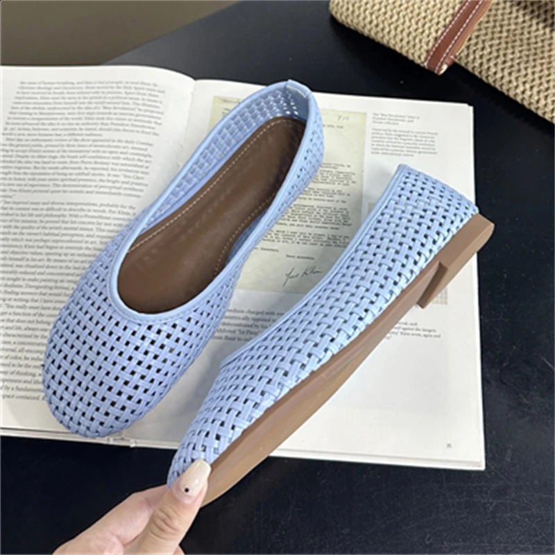 Aneikeh Light Blue Woven Mesh Ballet Flats Women Round Toe Breathable Slip On Casual Loafers Summer Flat Shoes 260626 - view 1