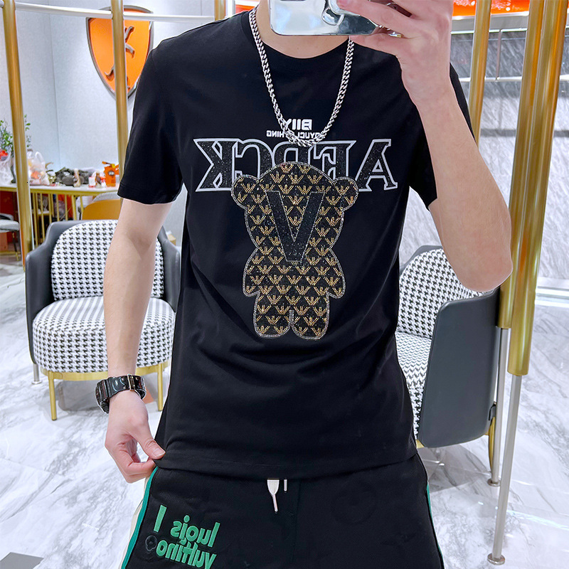 Summer New Round Neck Short Sleeve Slim Fit Bear Embellished Fashionable Men's T-Shirt - view 3