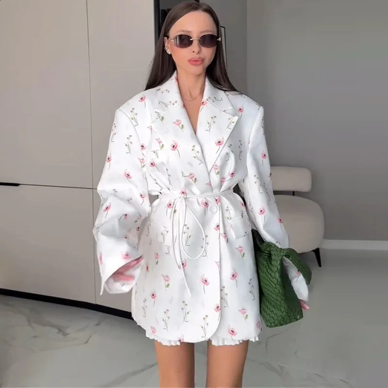 Women Blazer Coat Print Suit Jacket Lace Up Long Sleeve Notched Collar Waist Cinched Loose Casual Office Lady Spring Summer 260625