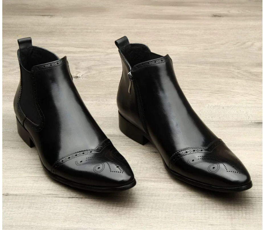 Men Winter Warm Wool Lined Chelsea Ankle Boots Genuine Leather Side Zipper Pointed Toe Brogue Dress Boots Formal Business Wedding Leather Boots For Ma - view 7