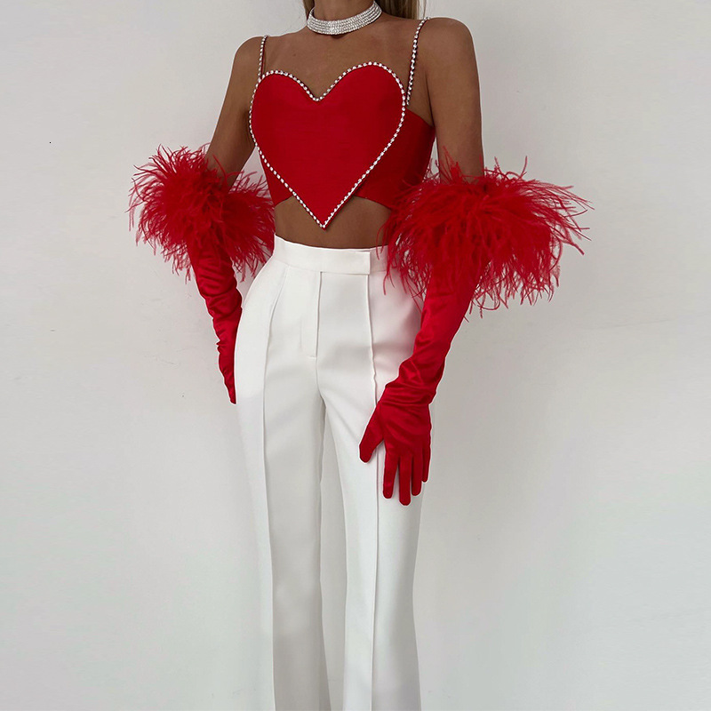 Womens Crop Camisole Top Womens Bright Red Heart Rhinestone Thin Strap Strapless Slim Fit Nightclub Layer Tank For Women Daily Party Summer Street Out - view 5