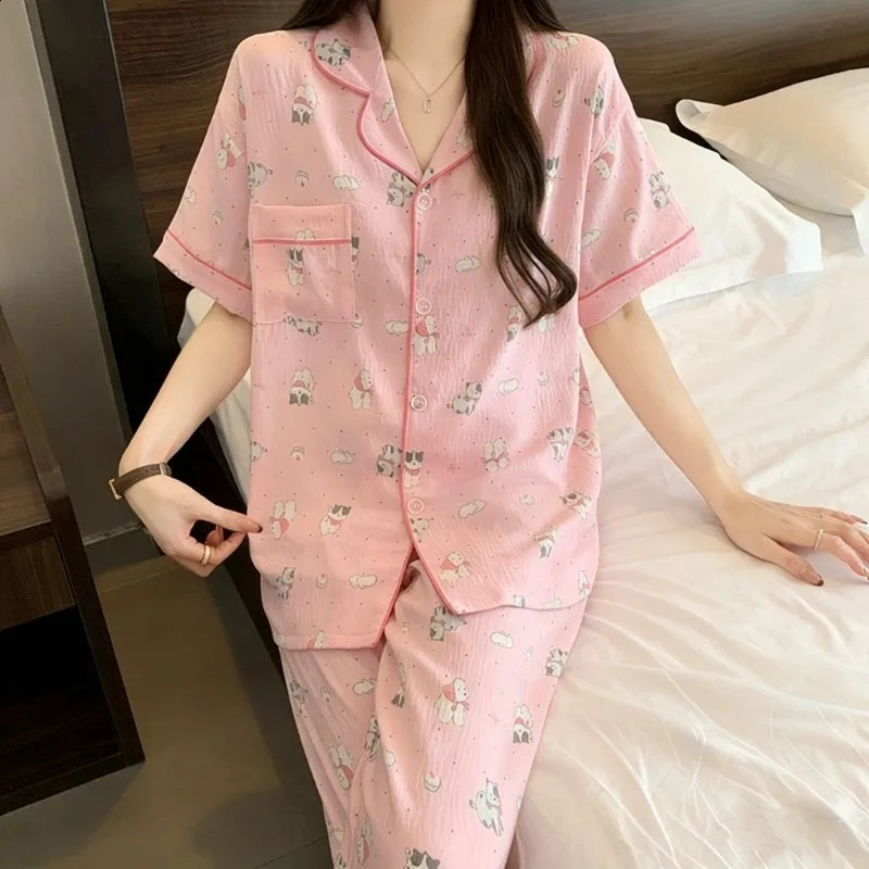 Harajuku Style Kawaii Sleepwear Loungewear 2 PC Set Cartoon Bear Print Cute Casual Womens Pajamas Summer Short Sleeve Homewear 260625