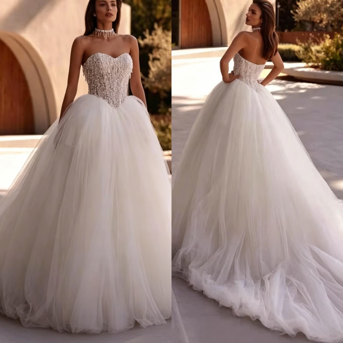 Elegant A Line Wedding Dress For Women Strapless Sleeveless Bridal Gown Pearls Sweep Train Dresses Custom Made vestidos de novia