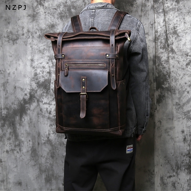 NZPJ Vintage Genuine Leather Mens Backpack Crazy Horse Computer Bag Natural Top layer Cowhide Travel y260615