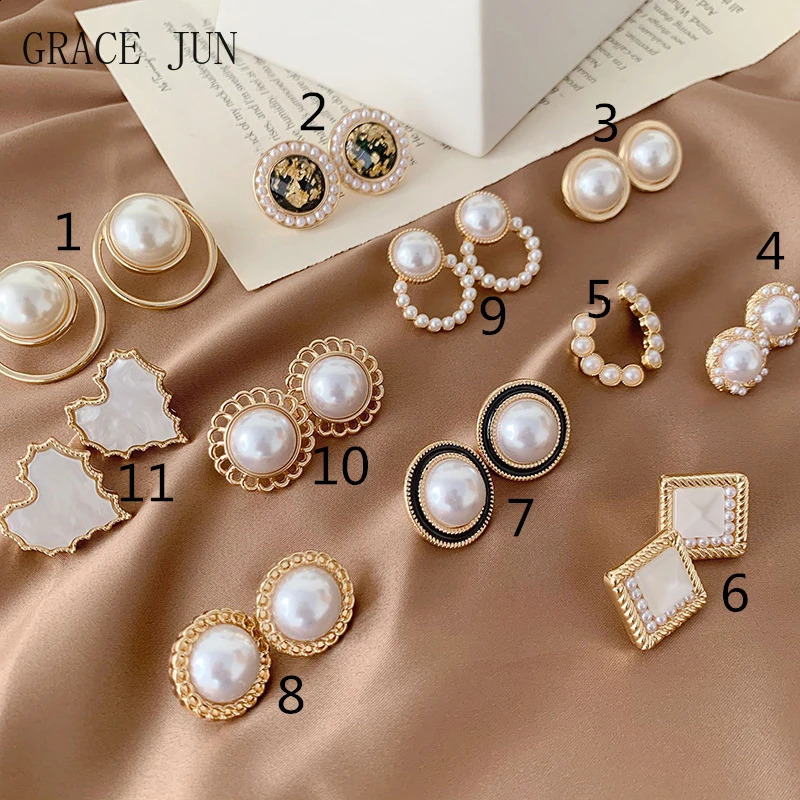 GRACE JUN Fashion Simulated Pearl Geometric Heart Clip on Earrings No Pierced for Women Girl Piercing Gold Color Ear Clip 260626