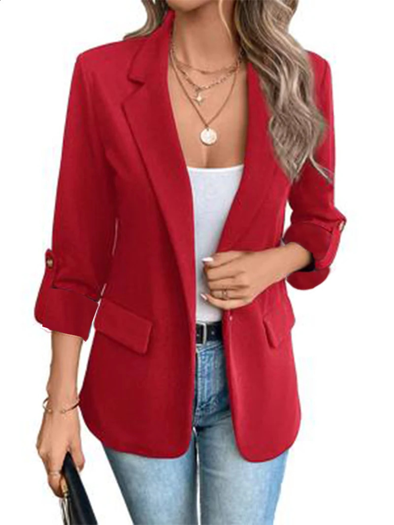 Womens Long Sleeve Blazer Open Front Casual Jacket With Roll Up Sleeves And Pockets For Business Office Wear 260625 - view 3