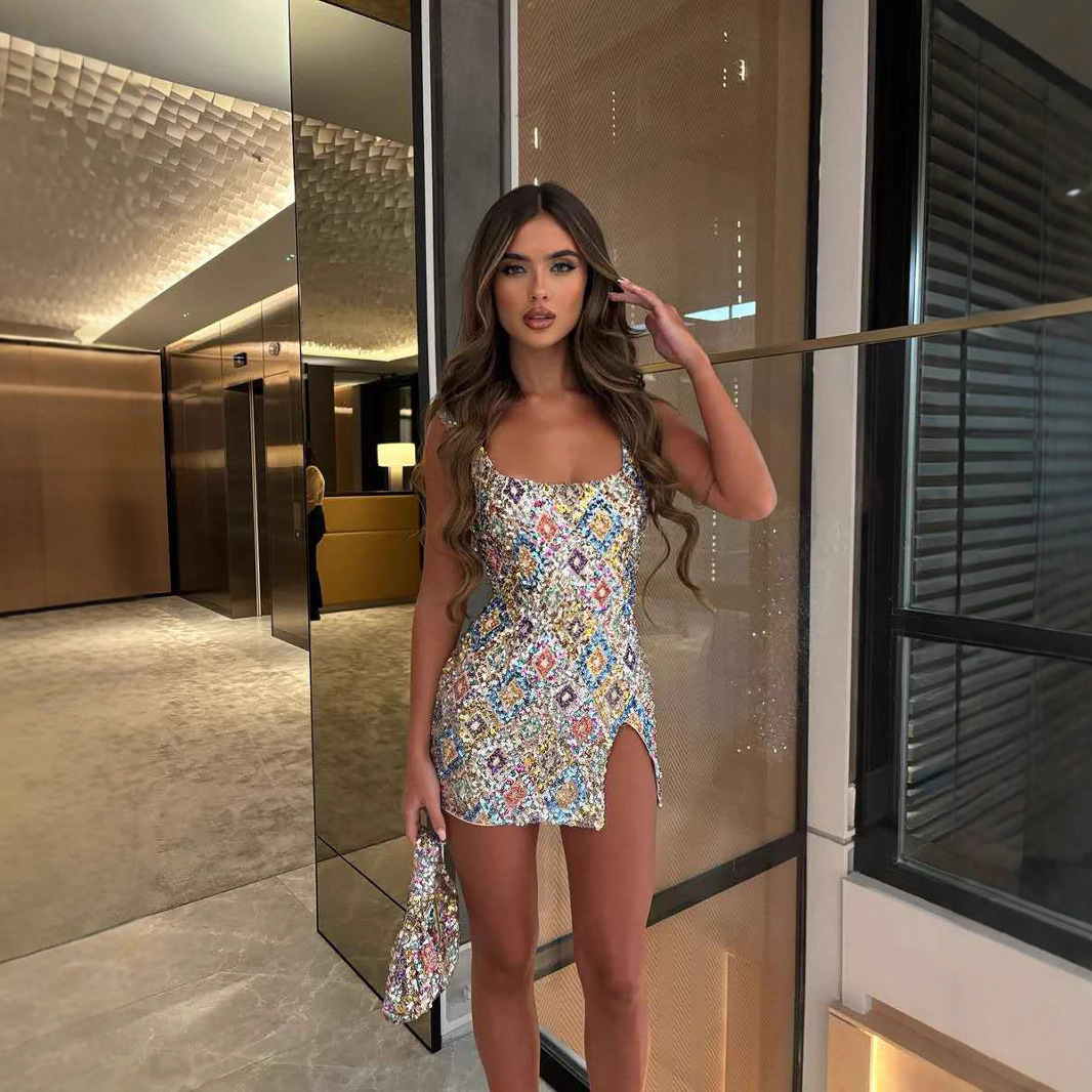 Womens Slit Party Dress Womens Colorful Diamond Sequin Tie Waist Sexy Slim Fit Summer Gown For Women Daily Nightclub Holiday Wedding Outfits - view 5