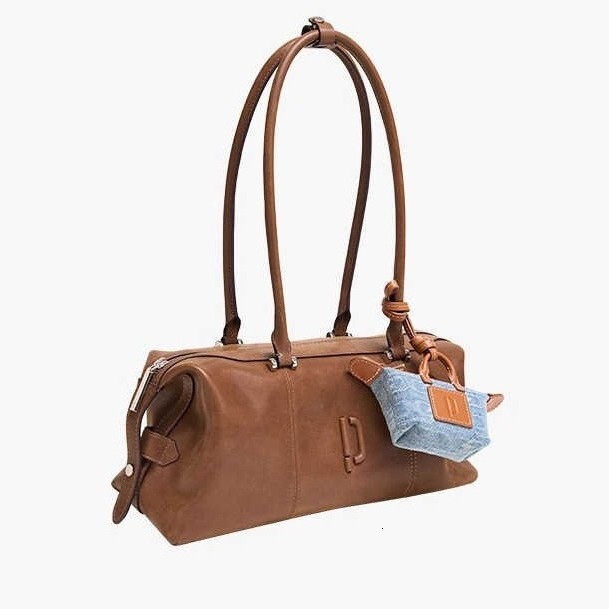 New Vegetable-Tanned Leather Clown Bowling Oil-Waxed Long Handle Handheld Underarm Commuter Single-Shoulder Baguette Boston Bag Underarm Bag Vintage F - view 3