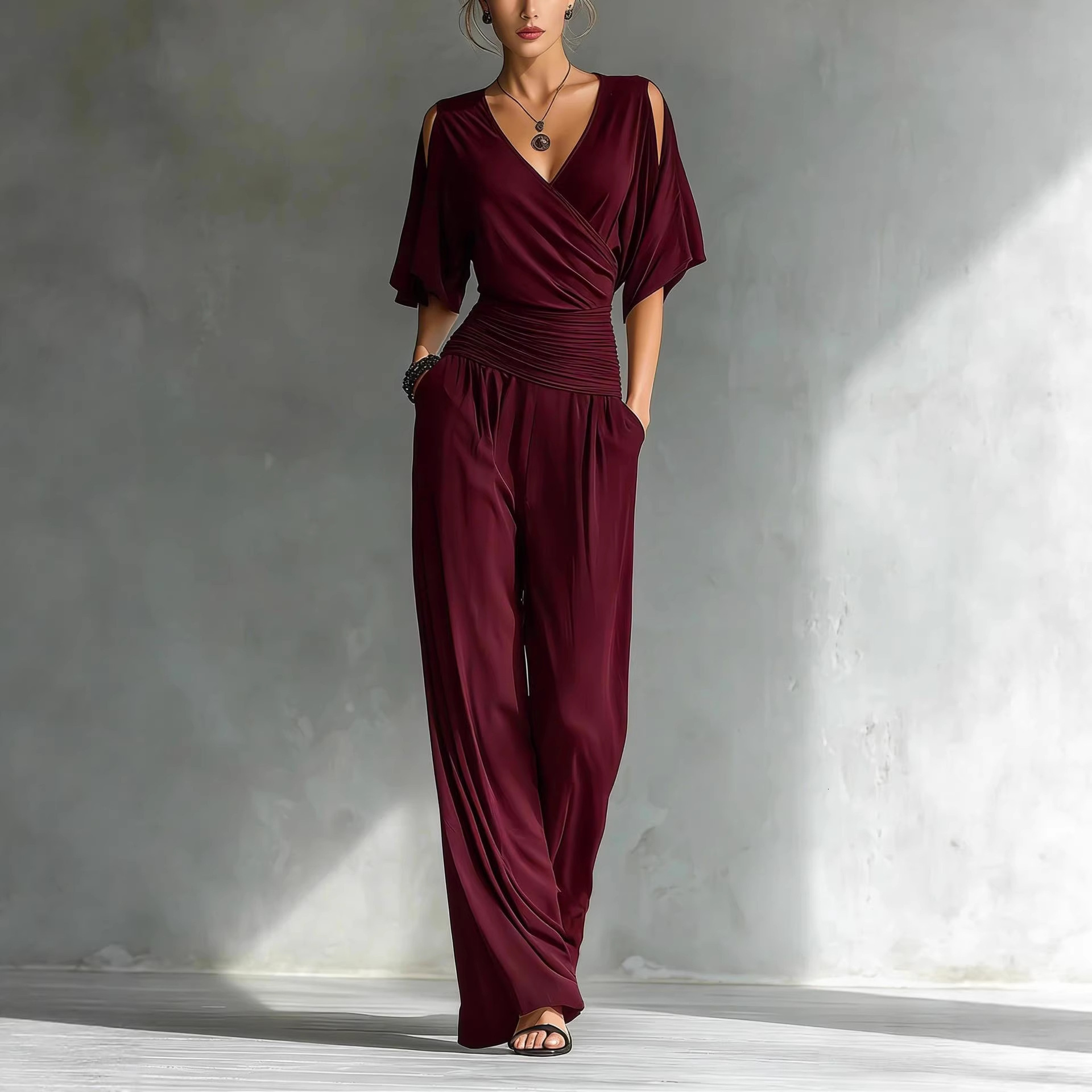 Cross-border independent website European and American 2026 summer new Amazon fashion elegant off-shoulder V-neck slim-fit jumpsuit for women WONST - view 5