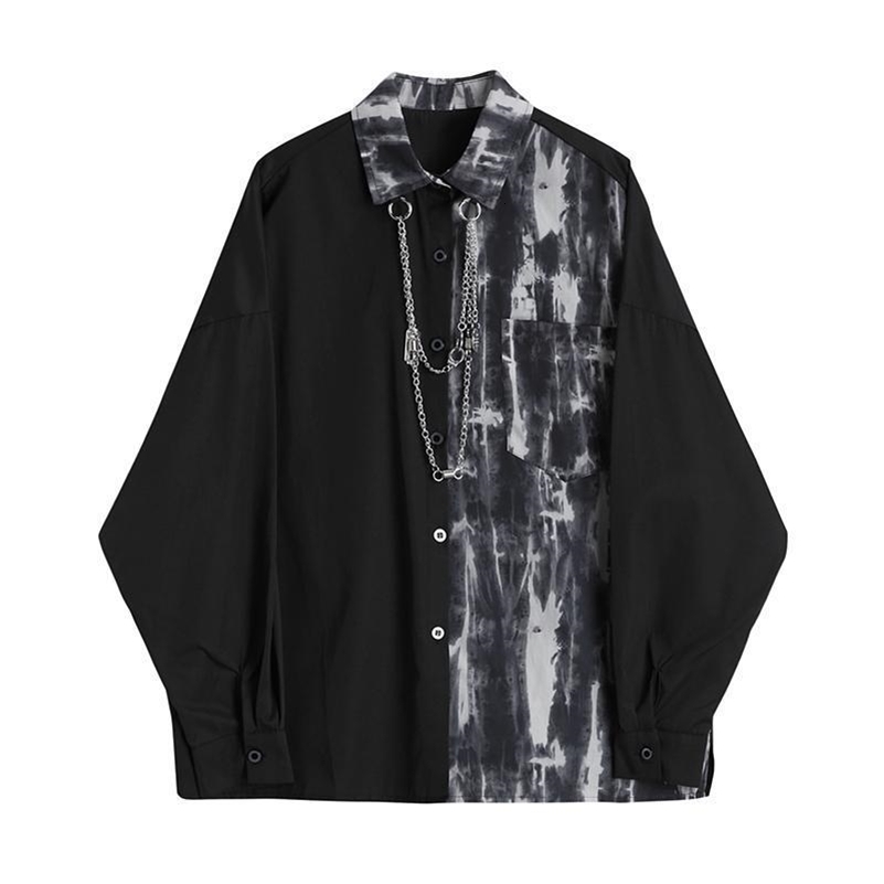 Spring Autumn Fashion Turn-down Collar Long Sleeve Tie Dye Blouse Mens Clothing Patchwork Chain Button Korean Trend Shirts 260616