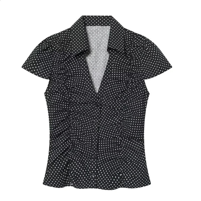 Summer Y2K Vintage Polka Dot Short Sleeve Blouse For Women V Neck Collared Ruched Bodycon Slim Fit Casual Daily Streetwear Shirt 260626 - view 3