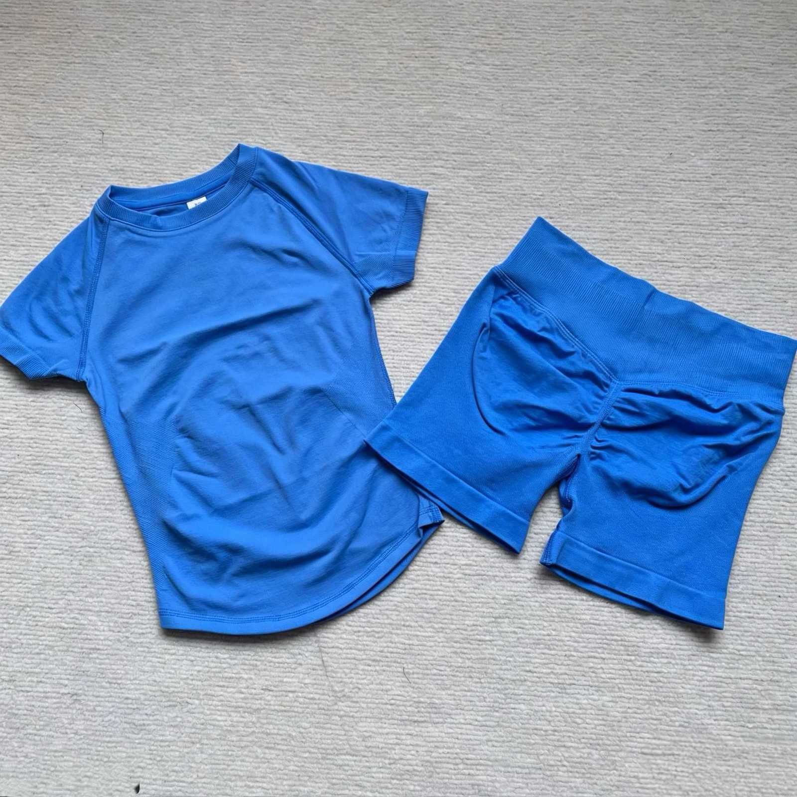 Gym Sports 2 Sets Pieces Women Seamless knitted Yoga Short Sleeve Top Fitness Set Workout Running Sports Short Leggings Suit M260626 - view 4