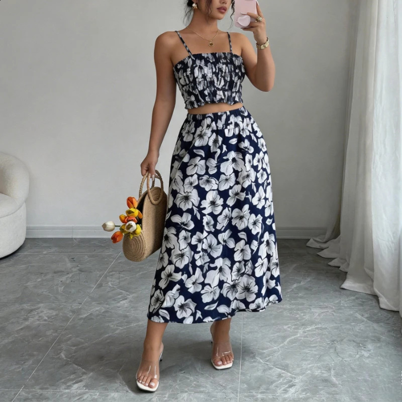 Womens 2 Piece Floral Print Outfit Spaghetti Strap Ruffle Crop Top High Waist Flowy Midi Skirt Summer Beach Vacation Casual Set 260625 - view 4