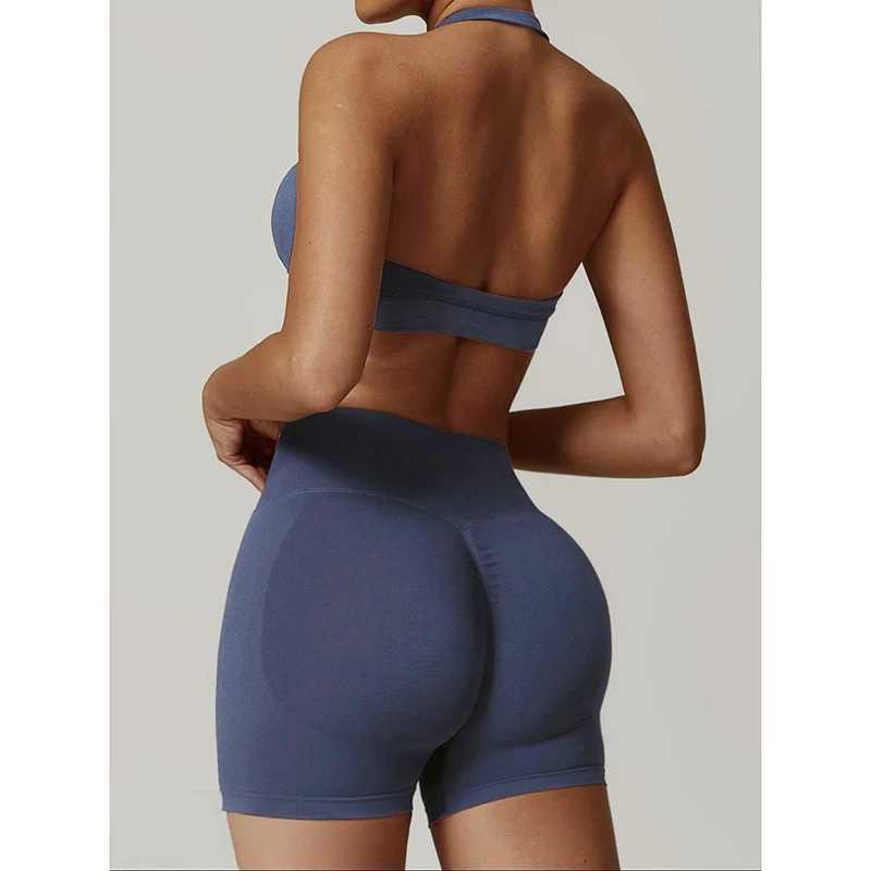 Sexy Beautiful Halter Neck High Waist Peach Sports Bras Shorts Suit Pilates Gathering Yoga Vest Training Fitness Bra Sets M260626 - view 3