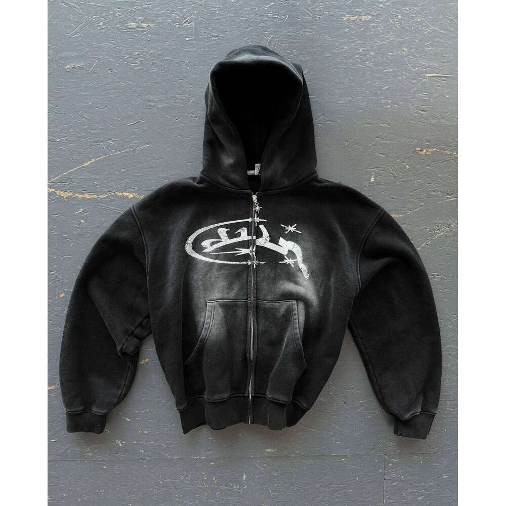 Fashion Vintage Print Zip Up Hoodie Y2k New Harajuku Hip Hop Long Sleeve Coats Loose Hooded Sweatshirt Men and Women Streetwear W260626 - view 3